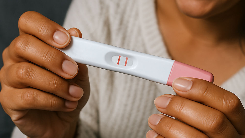 Woman holding a positive pregnancy test